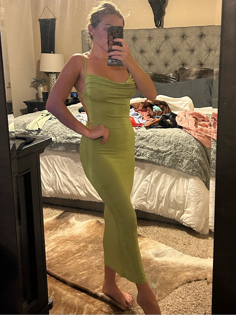 Olive Green Cowl Slip Backless Maxi Dress